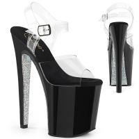 XTREME-808CRS Pleaser vegane Damen Plateau Riemchen Sandaletten klar schwarz silber Strass