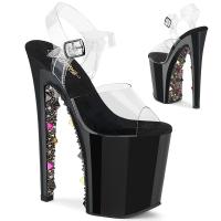 XTREME-808PYRS Pleaser high heels ankle strap sandal clear black gold multi pyramid studs