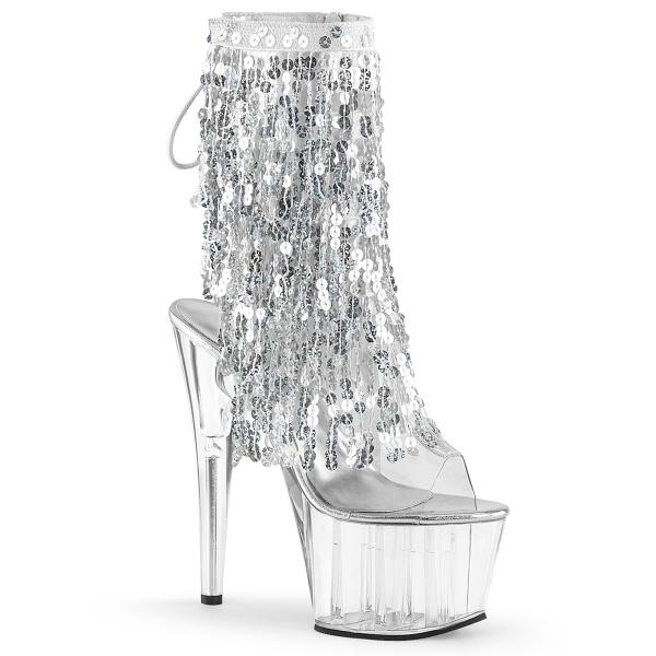 ADORE-1017SQF Pleaser high heels platform open toe sequins fringe ankle boot silver clear