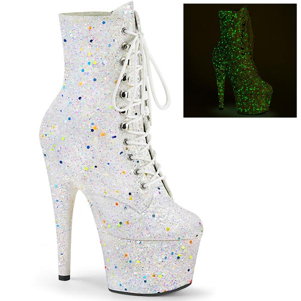 ADORE-1020GDLG Pleaser platform high heels ankle boot reactive white multi glitter