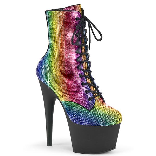 ADORE-1020RS Pleaser vegan platform ankle boot rainbow rhinestone on upper black matte