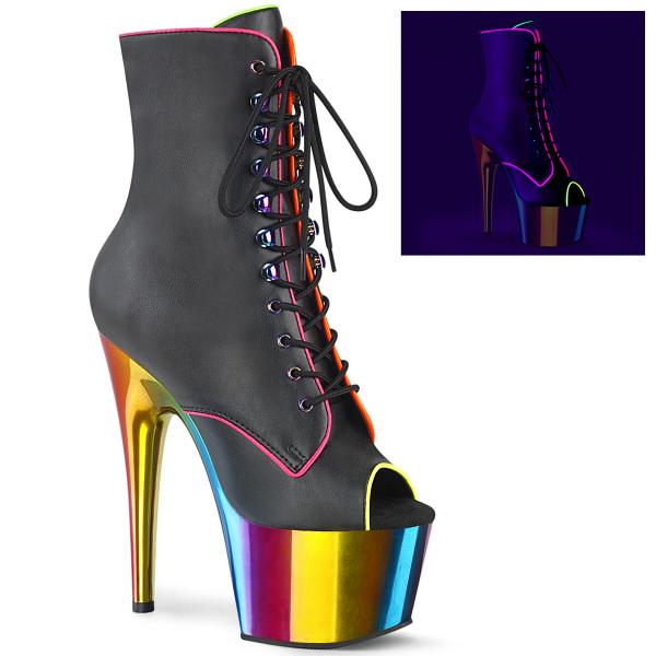 Sale ADORE-1021RC-02 Pleaser high heels peep toe ankle boot blacklight reactive black matte rainbow chrome 40