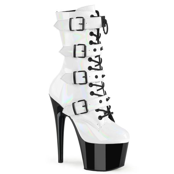 ADORE-1046TT Pleaser High Heels Riemen Plateaustiefeletten weiß Holo schwarz Lack