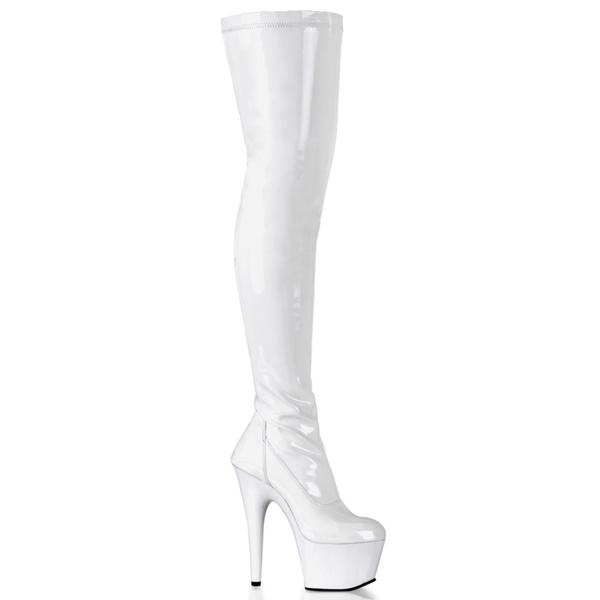 ADORE-3000 Pleaser High-Heels Plateau Overkneestiefel weiß Stretchlack