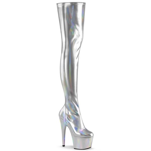 ADORE-3000HWR Pleaser High-Heels Plateauoverkneestiefel silber Stretch-Hologramm