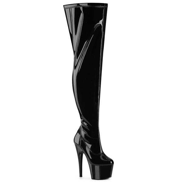 ADORE-3000WCF Pleaser Damen extra Weite Plateauoverkneestiefel schwarz Stretch Lack