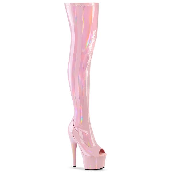 ADORE-3011HWR Pleaser vegane Stretch Plateauoverkneestiefel babypink Holo Lack