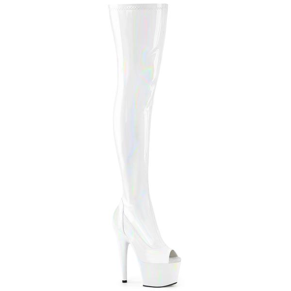 ADORE-3011HWR Pleaser vegane Damen Stretch Plateauoverkneestiefel weiß Holo Lack