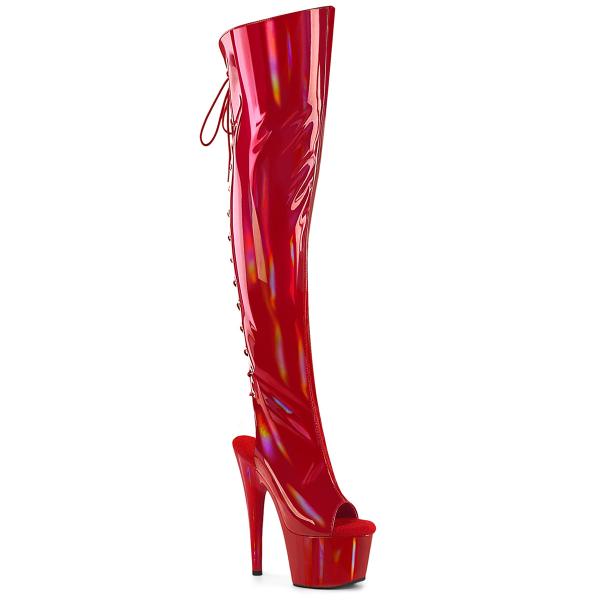 ADORE-3019HWR Pleaser Damen High Heels Plateauoverkneestiefel Holo Stretch rot