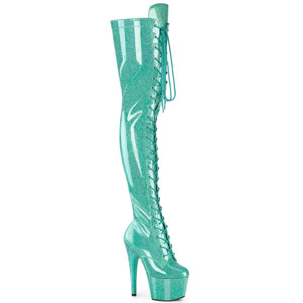 Sale ADORE-3020GP Pleaser Damen High Heels Plateauoverkneestiefel aqua Glitter Lack 41