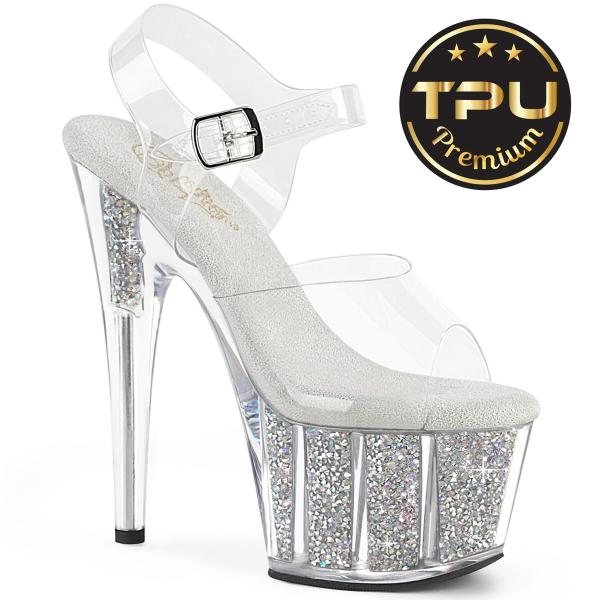 ADORE-708PREM-RSI Pleaser high heels platform ankle strap sandal clear silver AB rhinestones