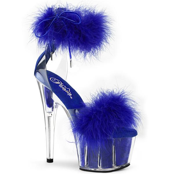 ADORE-724F vegan Pleaser close back ankle cuff sandal marabou fur clear royal blue