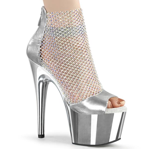 ADORE-765RM Pleaser Plateausandaletten Strass Netz silber Metallic Matt Chrom