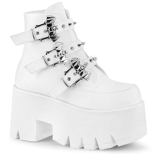 ASHES-55 DemoniaCult vegan lady cut out ankle boot bat buckle straps white matte