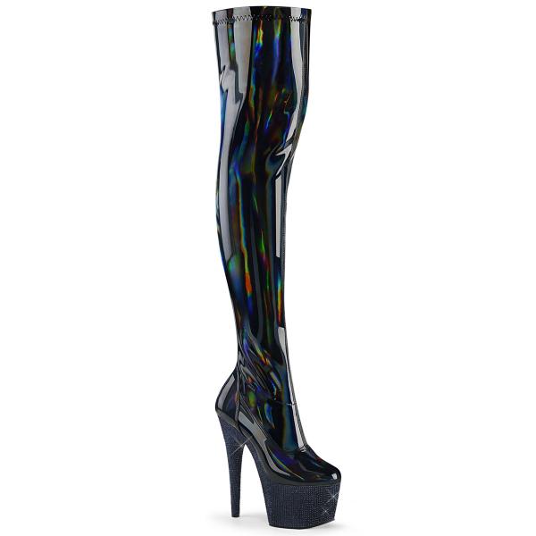 BEJEWELED-3000-7 Pleaser Damen Plateauoverkneestiefel Stretch schwarz Holo Lack Strass