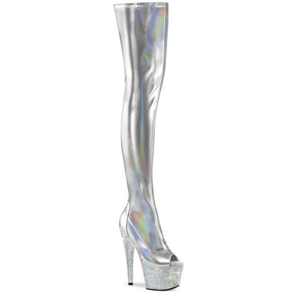 BEJEWELED-3011-7 Pleaser Peep Toe Overkneestiefel Stretch silber Holo Lack Strass