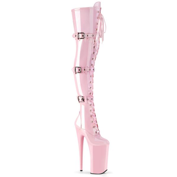 Sale BEYOND-3028 Pleaser Pleaser High-Heels Overkneestiefel babypink Stretchlack 3 Schnallen 40