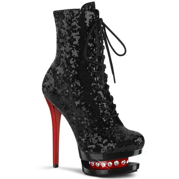 BLONDIE-R-1020 Pleaser High-Heels Dualplateau Stiefeletten schwarz rot Pailetten Strass