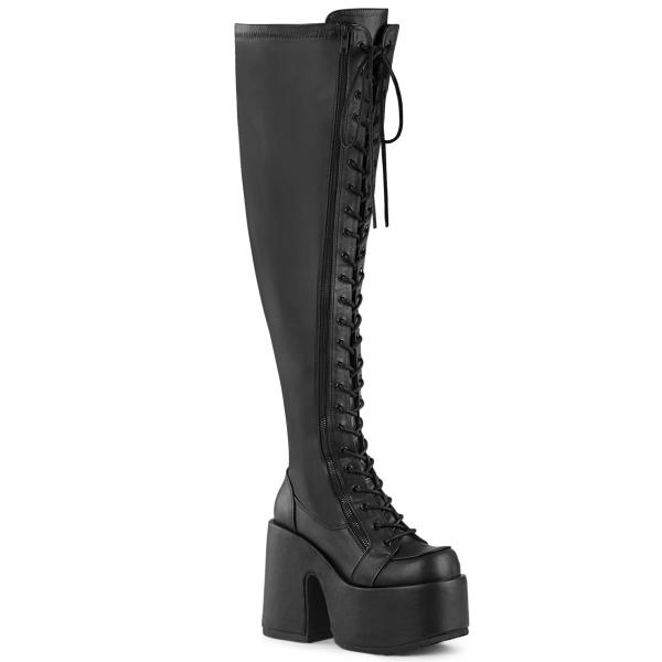 CAMEL-300WC DemoniaCult vegan stretch wide valf thigh high boot black synthetic matte