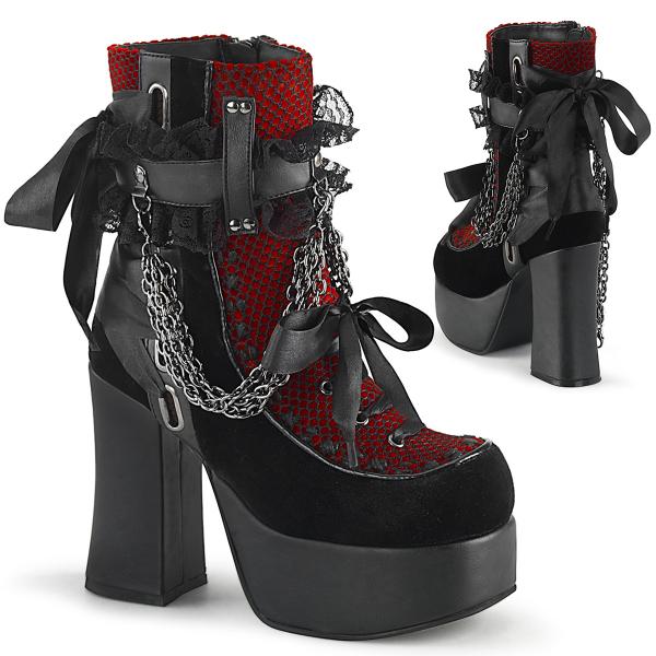 CHARADE-110 DemoniaCult high heels platform ankle boot black red lace overlay chains