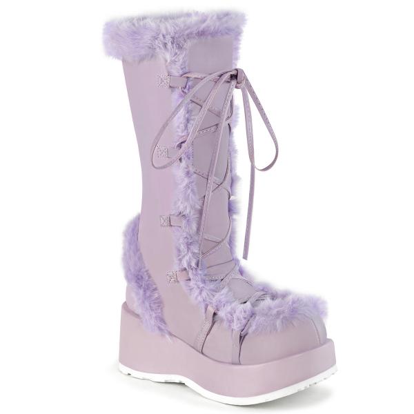 CUBBY-311 DemoniaCult vegan ladies platform mid calf boot fur trim lavender matte