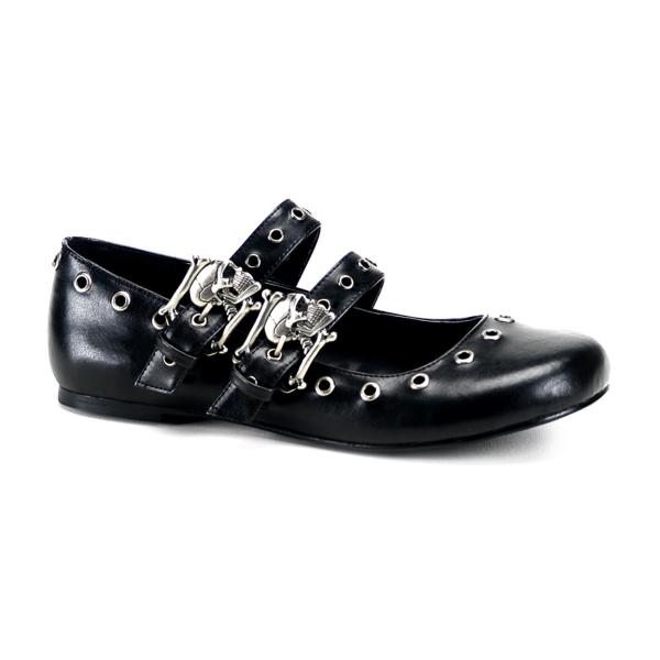 DAISY-03 DemoniaCult ballet flat double strap skull buckle eyelet black matte