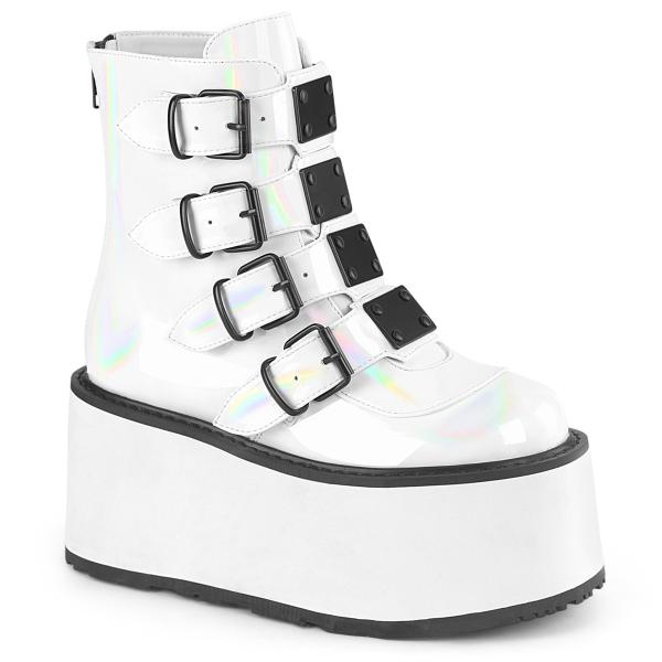 DAMNED-105 DemoniaCult vegan platform ankle boot buckle straps metal plates white holo patent