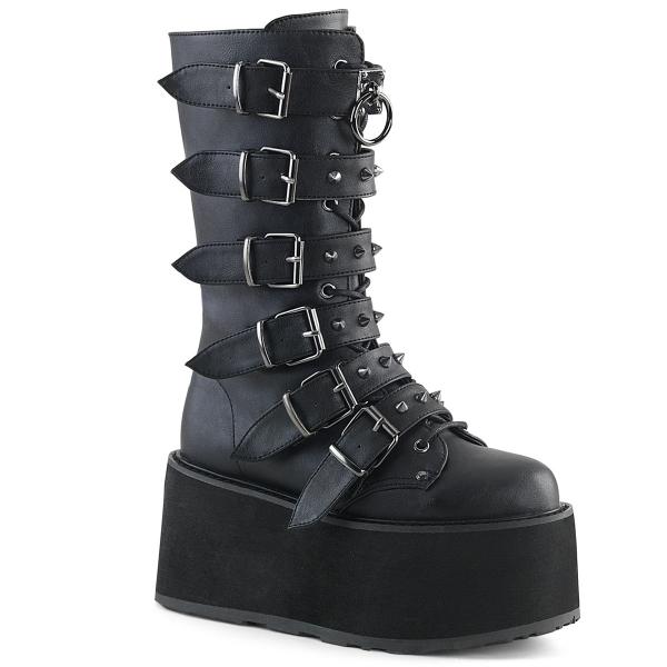 DAMNED-225 DemoniaCult platform mid-calf boot vegan leather cone-studded straps black matte