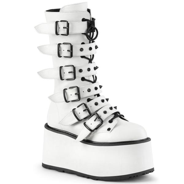 DAMNED-225 DemoniaCult platform mid-calf boot vegan leather cone-studded straps white matte