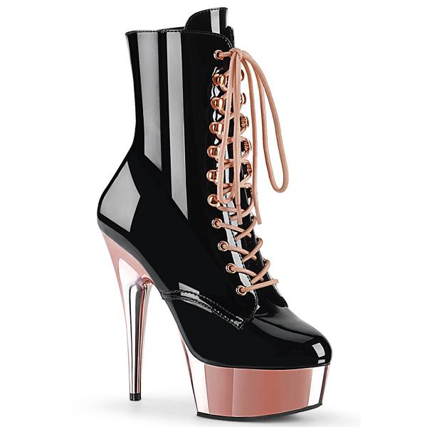 DELIGHT-1020 elegante Pleaser High Heels Plateaustiefeletten schwarz Lack rosegold Chrom