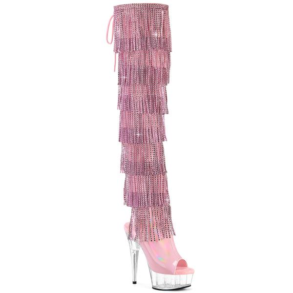 DELIGHT-3017HG-RSF Pleaser platform peep toe thigh high boot rhinestones fringes baby pink holo