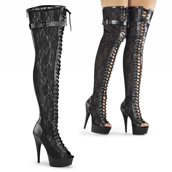 DELIGHT-3025ML Pleaser High Heels platform peep toe thigh high boot black mesh