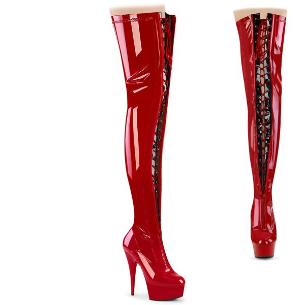 DELIGHT-3027 Pleaser Damen High Heels Plateauoverkneestiefel rot schwarz Stretch Lack