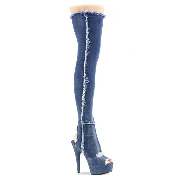 DELIGHT-3030 Pleaser High Heels platform open toe cutout thigh high boot denim blue