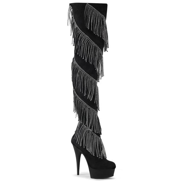 DELIGHT-3065 Pleaser platform thigh high boot rhinestones fringe black suede matte silver