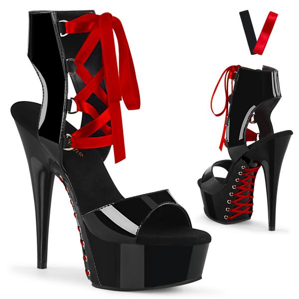 DELIGHT-600-14FH Pleaser High Heels platform sandal black patent red corset lacing