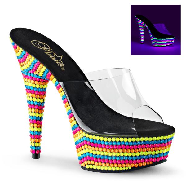 DELIGHT-601RBS Pleaser Damen High Heels Plateaupantoletten Multi Neon UV Steinchen