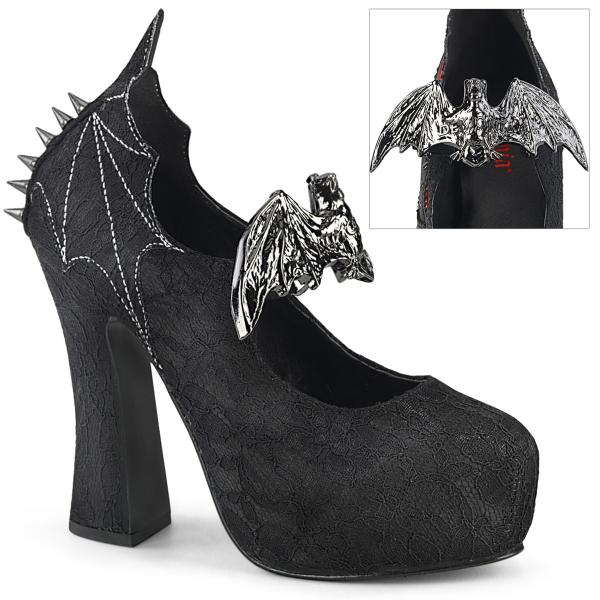 DEMON-18 DemoniaCult vegane Damen Gothic Pumps Fledermaus Nieten schwarz Satin Spitze