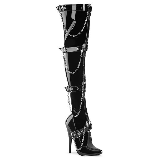 DOMINA-3027 Devious high heels stratch tigh high boot o-ring strap harness chain black patent