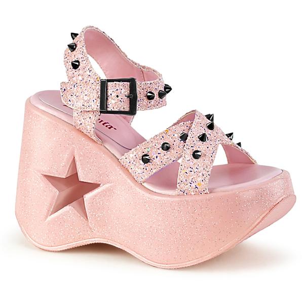 DYNAMITE-02 DemoniaCult Damen Plateau Riemchen Sandaletten Kegelstacheln Babypink Glitter