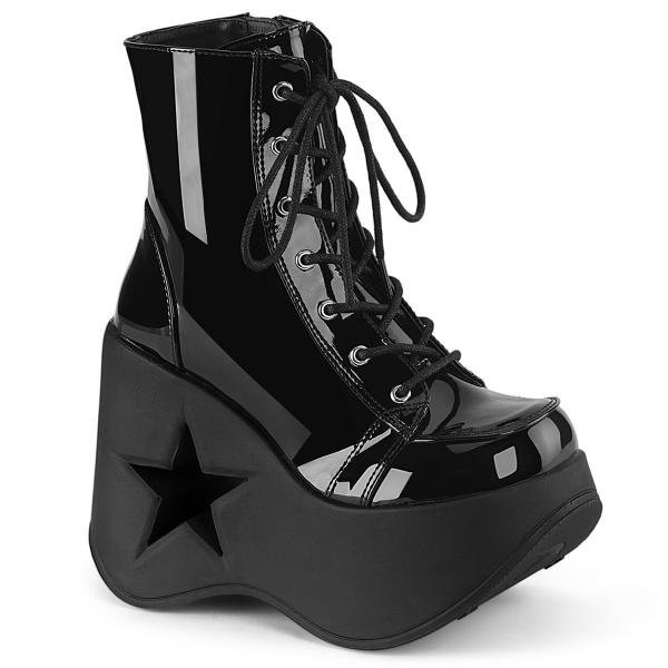 DYNAMITE-106 DemoniaCult vegan stasr cutout lace-up ankle boot black patent