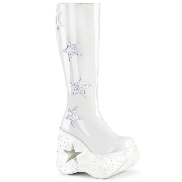 Auktion DYNAMITE-218 DemoniaCult star cutout platform wedge kne high boot glitterstars white patent 39