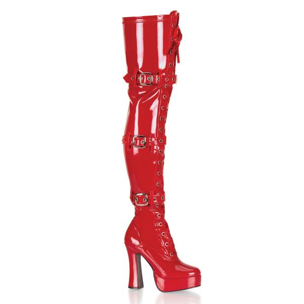 ELECTRA-3028 Pleaser High-Heels Plateau Overkneestiefel 3 Riemen rot Lack