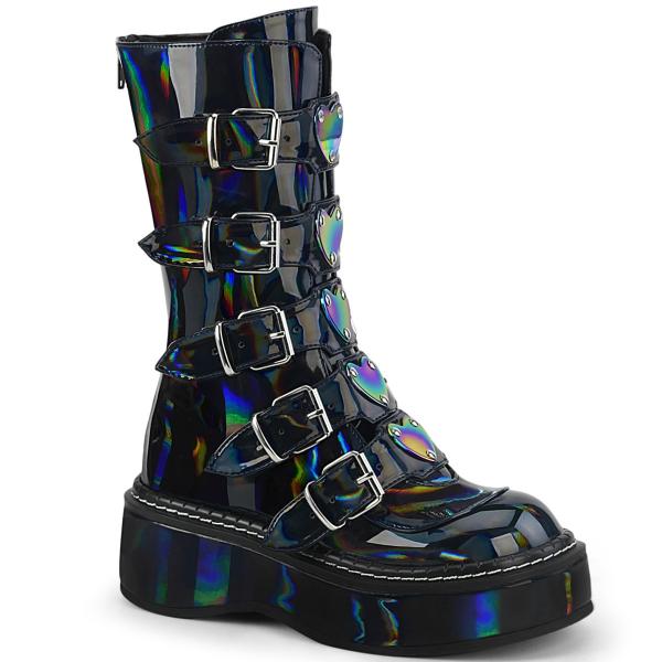 Sale EMILY-330 DemoniaCult mid-calf boot featuring 5 buckle straps black hologram 42