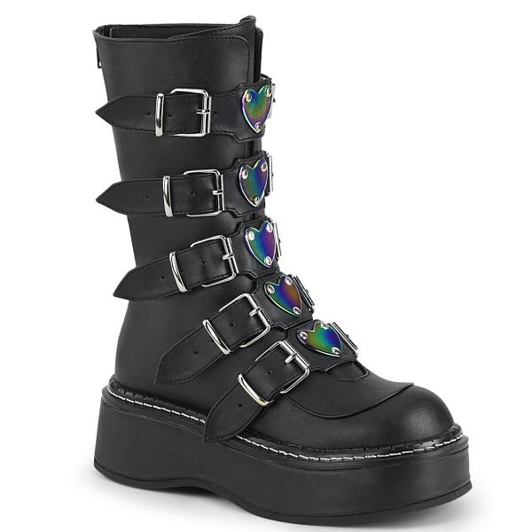 EMILY-330 DemoniaCult mid-calf boot 5 buckle straps metal plates black matte