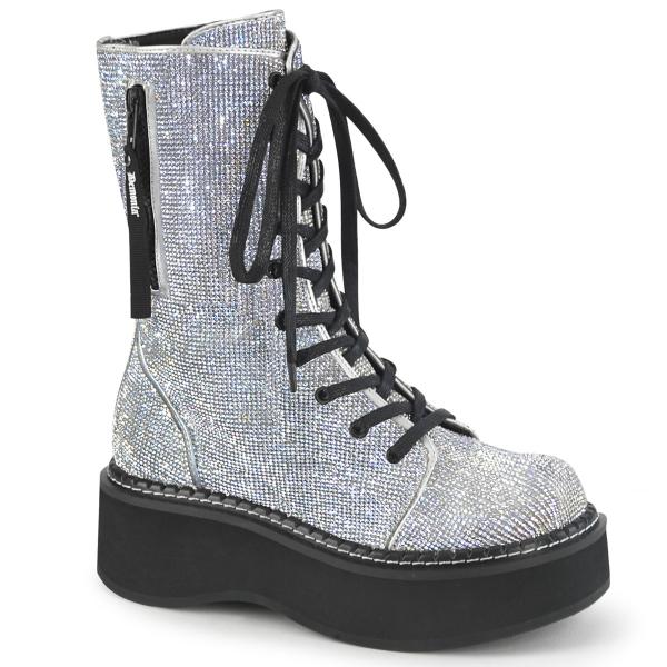 Sale EMILY-362 DemoniaCult vegan platform mid-calf boot rhinestone silver matte 41