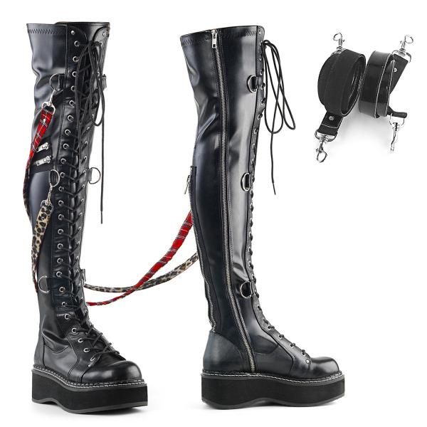 EMILY-377 DemoniaCult Plateau Bondage-Stil Overkneestiefel Stretch schwarz Lederoptik Schnürung Riemen D-Ring