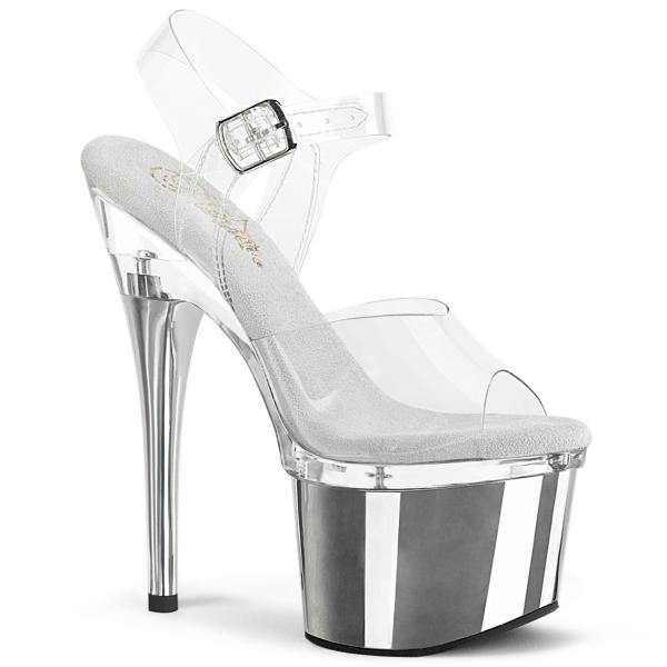 ESTEEM-708 Pleaser stiletto high heels platform ankle straps sandal clear silver chrome