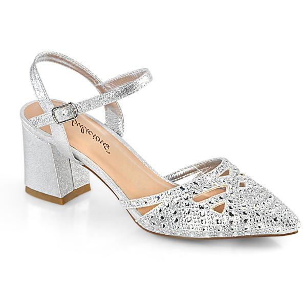 Sale FAYE-06 Fabulicious Damen Blockabsatz Knöchel Pumps silber schimmernder Stoff 35