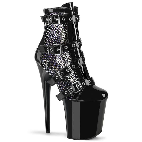 FLAMINGO-1013RM Pleaser high heels buckled ankle boot mesh ab rhinestones black patent